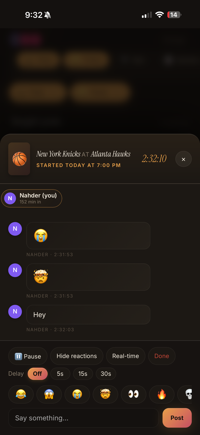 Watchparty live with Wait Up delay slider visible, reactions feed, and per-member spoiler delay