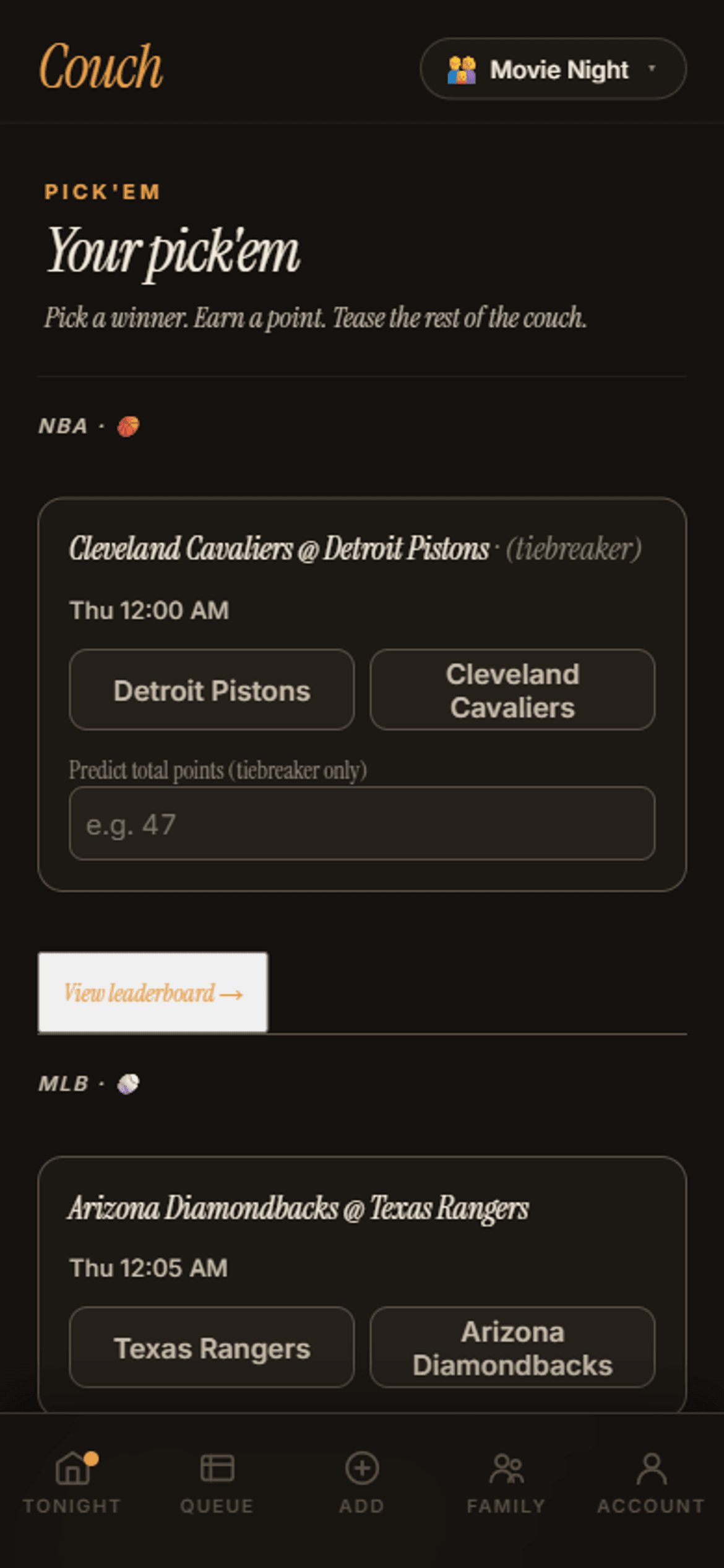Pick'em surface: league leaderboard with rank ordering, picks for upcoming games, and live scores ribbon