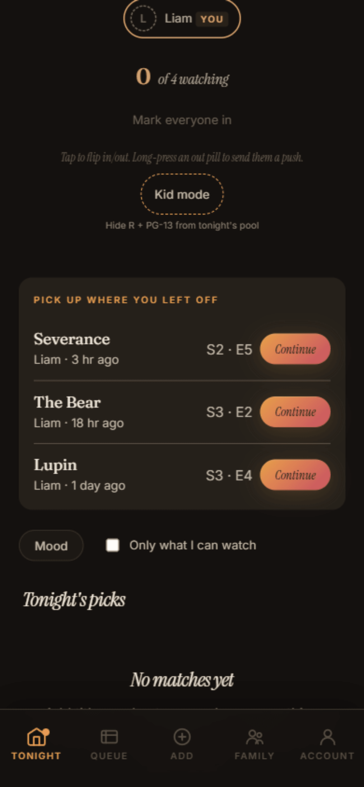 Tonight tab Pickup widget showing two watching groups with last-watched episode positions
